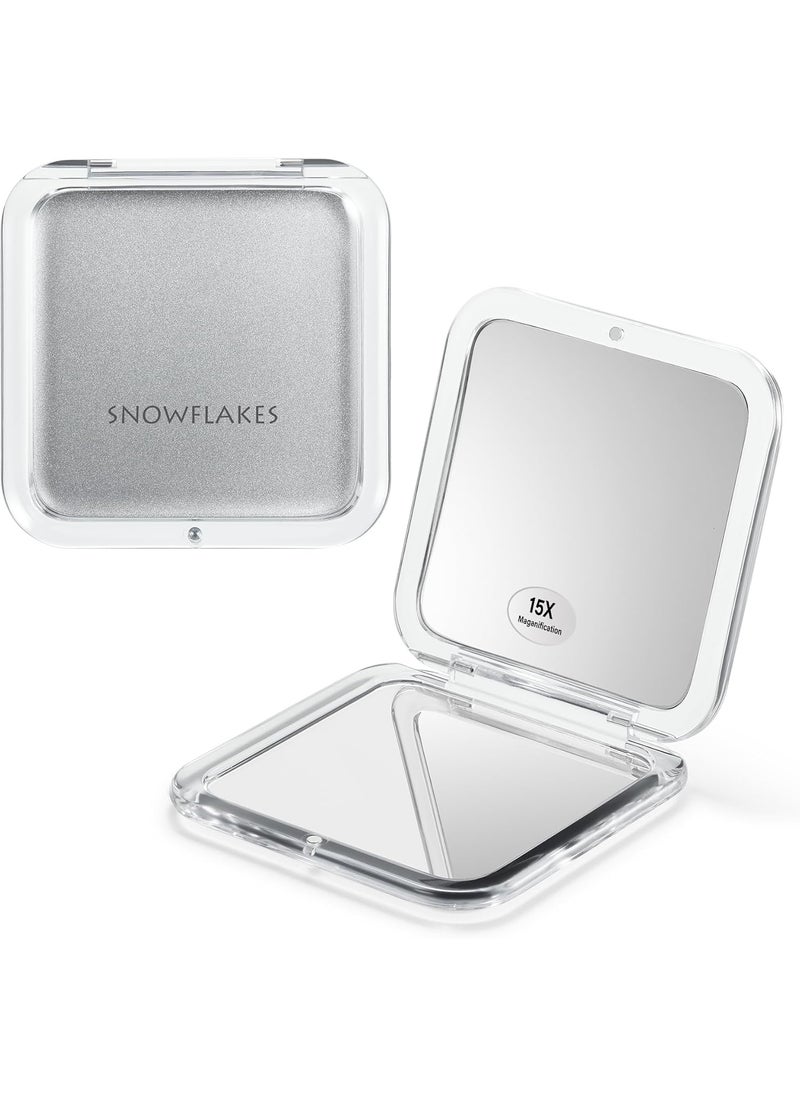 Compact Travel Magnifying Mirror - Snowflakes Small Pocket Mirror -1x/15x Magnification Cosmetic Mirrors Handheld Portable for Travel and Purses (Silver)