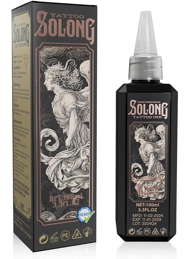 Tattoo Ink,Solong S Series 3.4oz(100ml) Professional Black Tattoo Ink -Concentrated Black Tattoo Supplies,TI303S-100-030