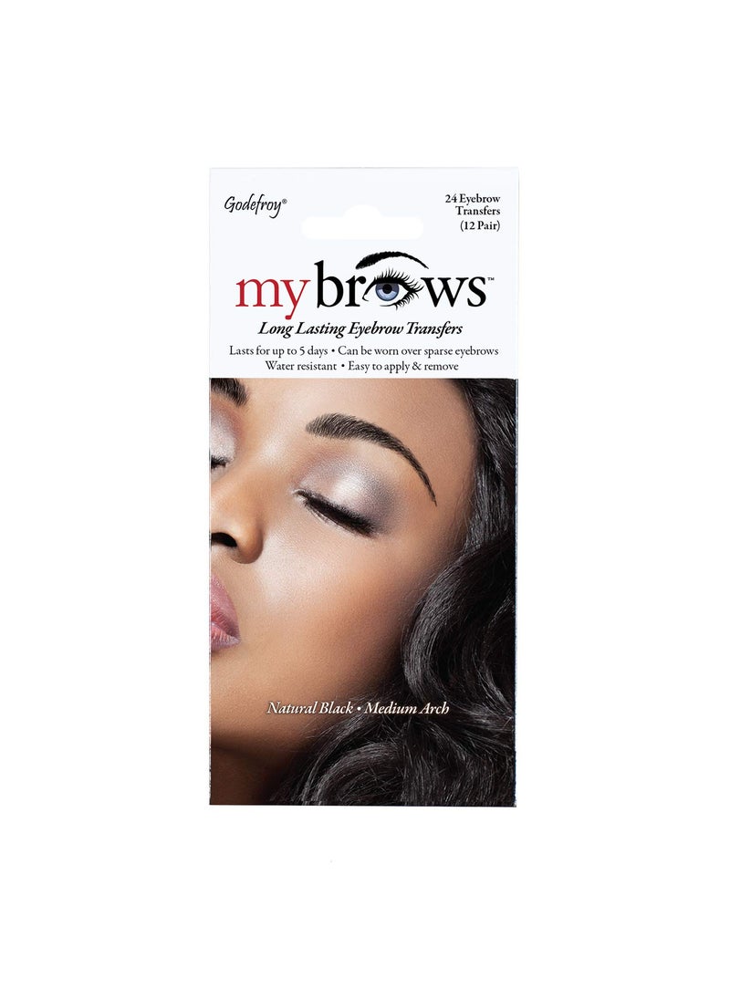 Godefroy MyBrows Long Lasting Eyebrow Transfers, Medium Arch, Natural Black, 12-Pairs of Brows