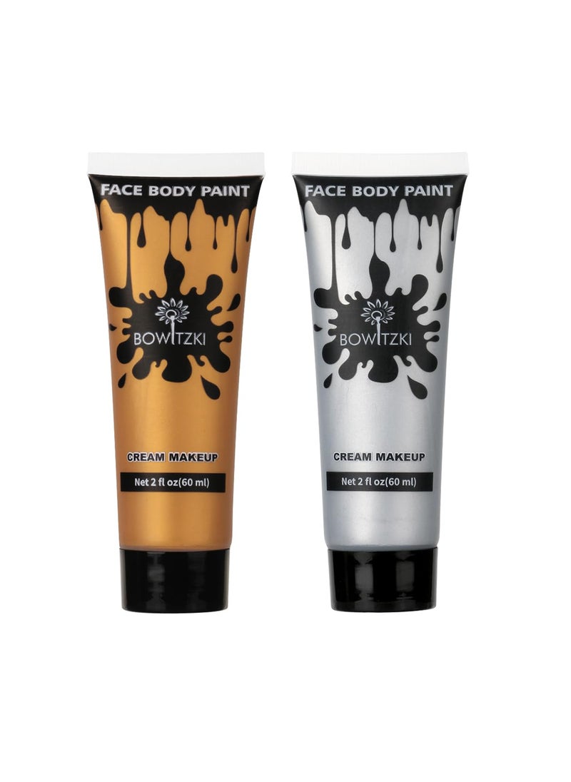 Bowitzki Face and Body Paint 2oz Cream Makeup 60ml Water Based Face Painting Special Effects For Adults Children Kids Halloween Christmas Party Stage Cosplay (Gold+Silver)