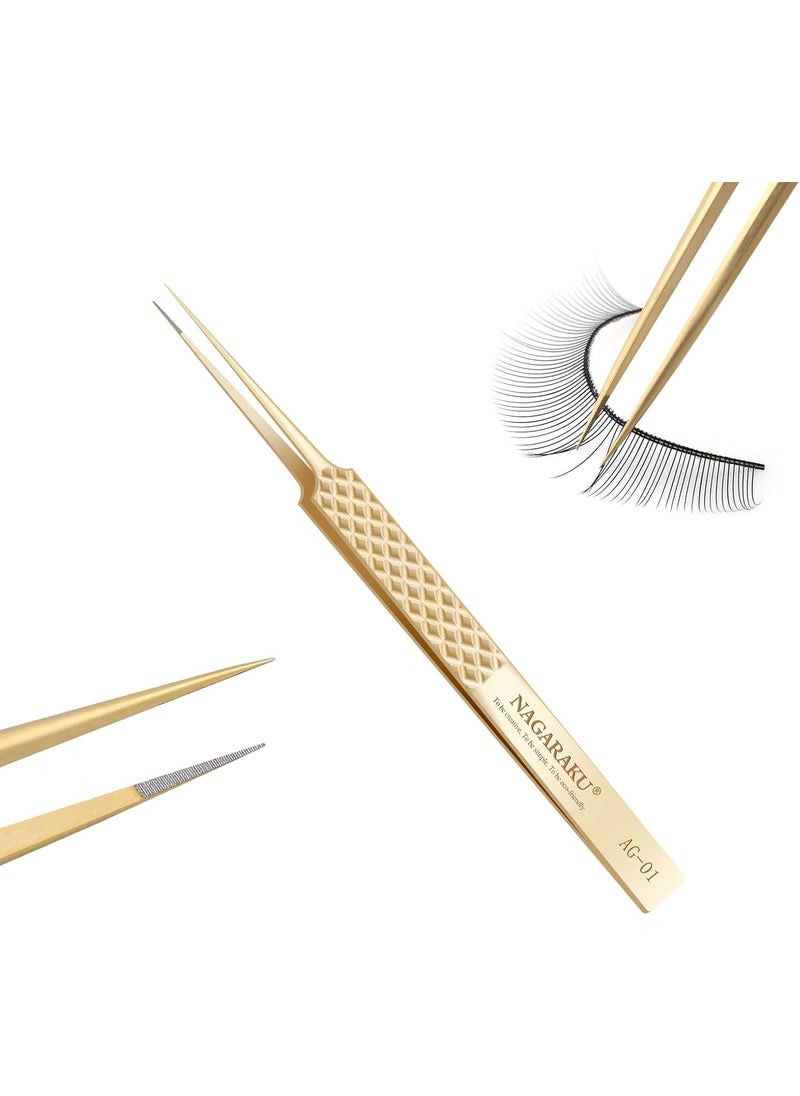 NAGARAKU Precision Fiber Tip Tweezer for Eyelash Extensions Diamond Handle 5cm Slim Tweezers Tip Anti-Static Anti-Slip Stainless Steel Pointed Separate Eyelashes Straight Tweezers with Box(AG-01)