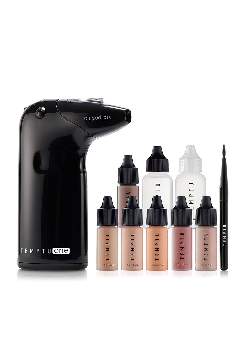 TEMPTU One Airbrush Make-up Kit with Cordless Compressor, 6 Shades: 11-Piece Set, Portable Air Brush Machine & Airpod Pro, 3 Shades of Foundation, Blush, Bronzer, Instant Concealer, Perfect Complexion
