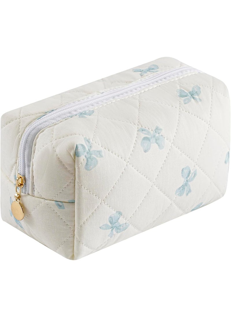 JOVAKIT Square Makeup Bag Cute Cosmetic Bag for Women, Floral Coquette Aesthetic Toiletry Bag, Zipper Make Up Pouch, Travel Make Up Organizer Bag (Blue Bow Tie)