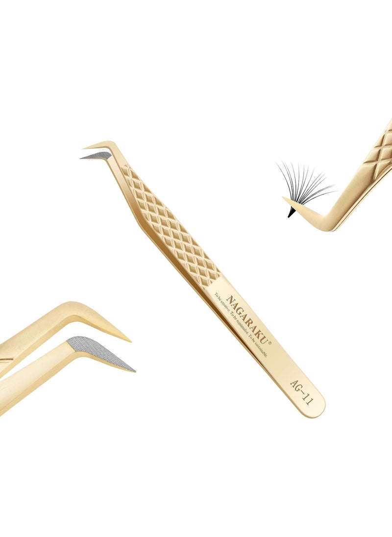 NAGARAKU Precision Fiber Tip Tweezer for Eyelash Extensions Diamond Grip Anti-Static Anti-Slip Premium Stainless Steel Pointed Volume Eyelashes Boot Tweezers with Box(Seven Shaped Tweezer AG-11)