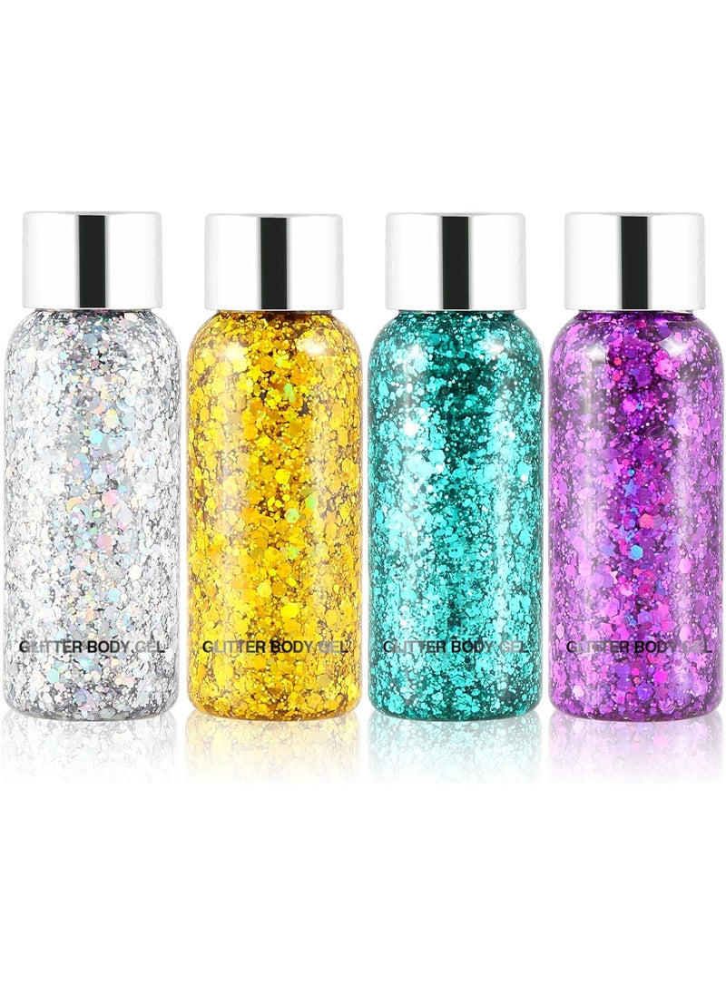 Body Glitter Gel Set 4 Colors Sequins Chunky Glitter Gel Colorful Eyeshadow Glitter Holographic Body Gel for Festival Party Face Makeup Hair Eye Lips Shimmer Gold,Silver,Purple,Green