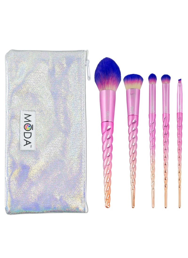 MODA Royal & Langnickel Travel Size Unicorn Complete Face 6pc Makeup Brush Set with Pouch, Includes - Blush, Complexion, Domed Shadow, Crease, and Angle Eyeliner Brushes, Mythical Ombre