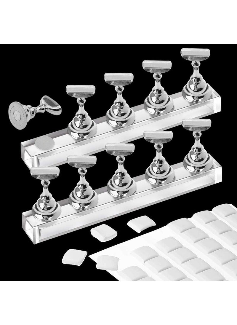 Kalolary 2 Set Acrylic Nail Stand for Painting Nails Press On, Fake Nail Tip Holders Magnetic Practice Stands with White 96 Pcs Reusable Adhesive Putty for Nail Art DIY(Silver)
