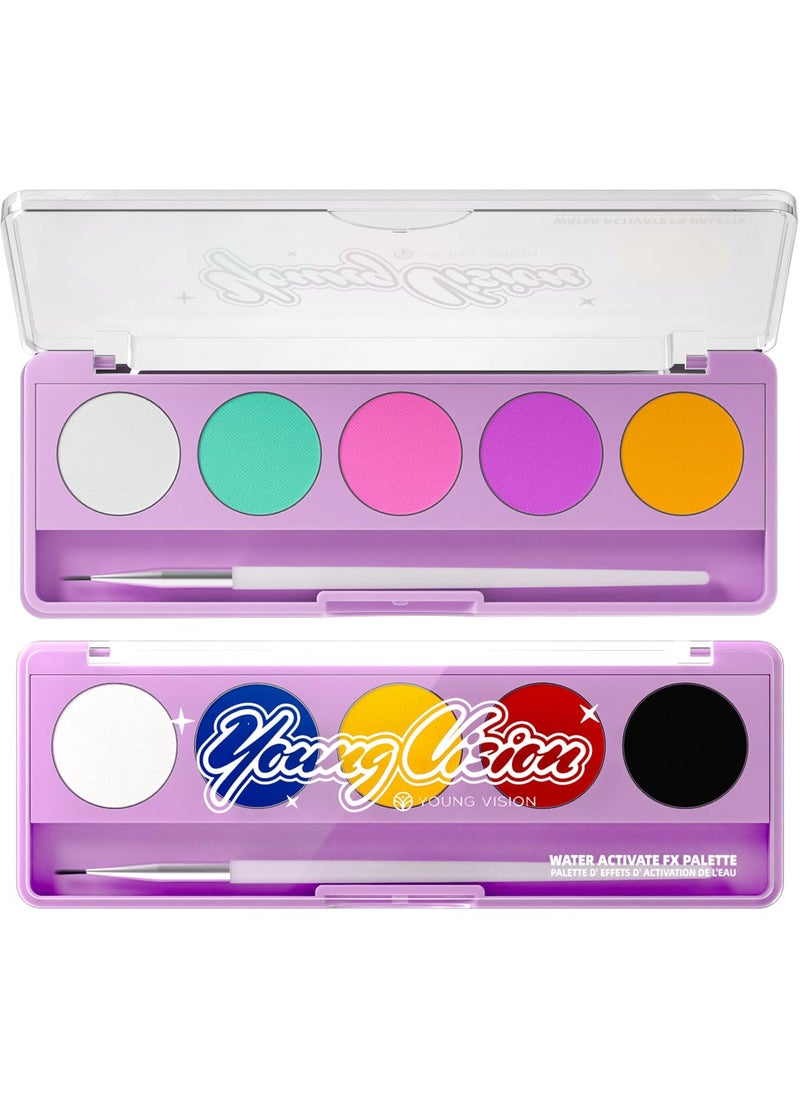 YOUNG VISION 2-PACK Water-Activated Face & Body Paint Palette Set – Neon Fluorescent, Glow Under UV and Blacklight, FX Makeup for Face Painting, Blacklight Glow, Eyeliner, and Body Art
