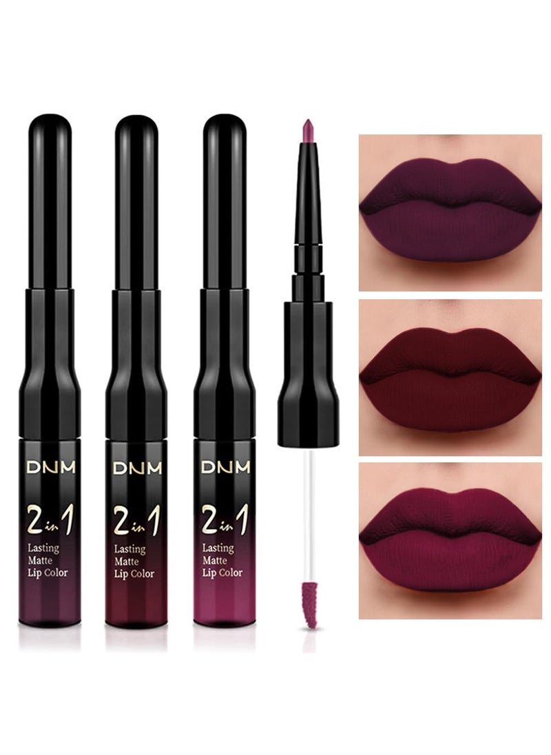 evpct 3Pcs Dark Deep Red Purple Plum Black Cherry Lip Tint Stain peel off 24 hr Matte Lip Liner and Lipstick Set for Women Waterproof Long Lasting labiales matte mate larga duracion listip 24 hours
