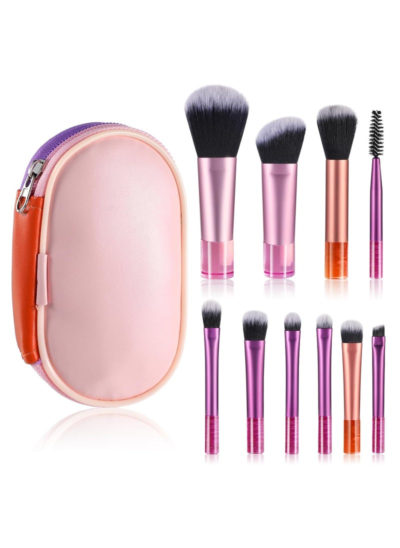 10 Pcs Travel Makeup Brush Set Travel Size Mini Makeup Brushes With Pack Make Up Brushes Portable Small Eyeshadow Foundation Shadow Contour Blush Concealer Brush Colorful Pink