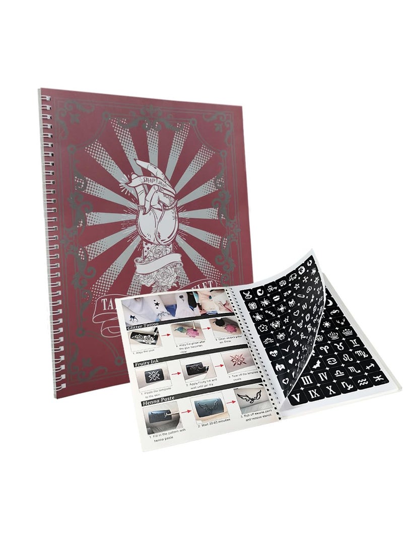 Xmasir 20 Sheets Tattoo Album, 482Pcs Henna Tattoo Stencils Kit Glitter Airbrush Stencil Temporary Tattoo Stickers Book Set Women Face Paint Body Art Gifts for Boys and Girls (Red 1)