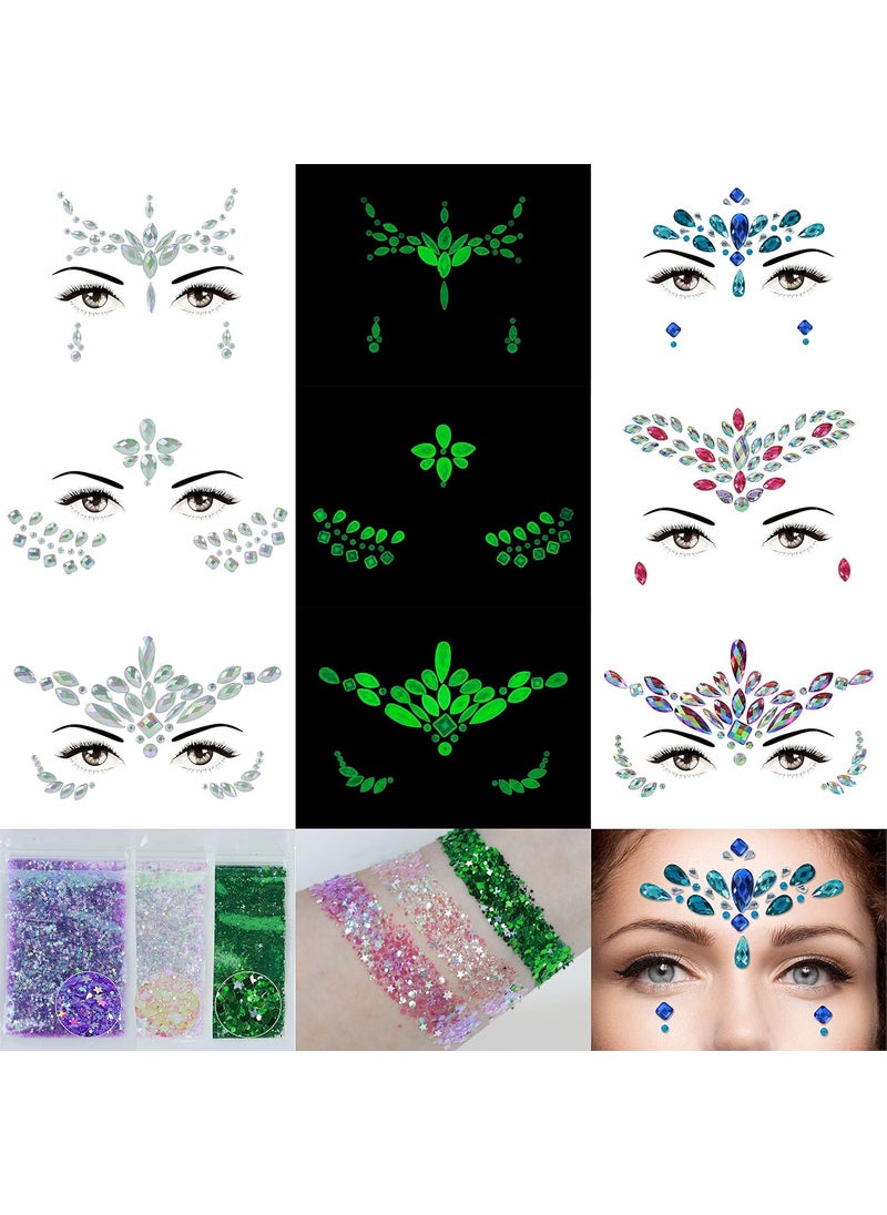 Face Gems, 6 Sheets Face Jewels Stick On, 30g Chunky Glitter, Rhinestones Noctilucent Stickers Temporary Tattoos-Eye Body Euphoria Makeup Rave Clothes Carnival Festival Outfit (3Luminous)