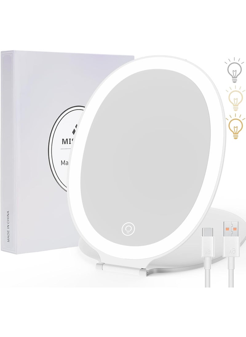 MISERWE Rechargeable Travel Makeup Mirror with Light, Portable Lighted Mirror, 3 Color Lighting, Dimmable Touch Screen, Tabletop LED Folding Vanity Mirror for Travel, Desk, Home, Office