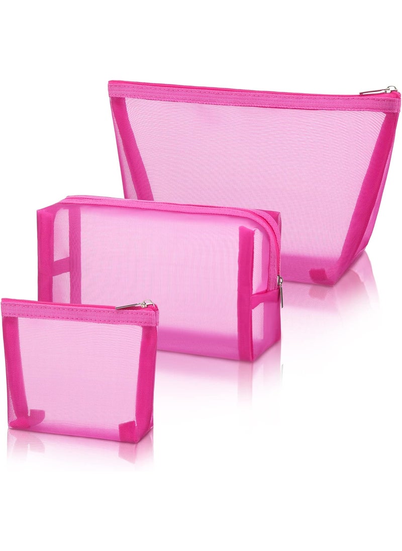 Boao 3 Pieces Mesh Cosmetic Bag Mesh Makeup Bags Zipper Pouch for Offices Travel Accessories, 3 Sizes(Rose Red)