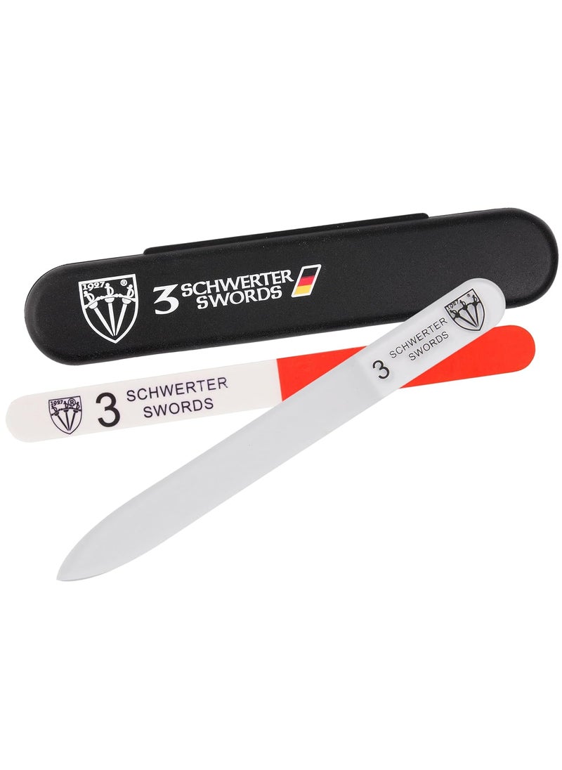 3 Swords Germany - Brand Quality Clear Double Sided Glass Nail File for Women & Girls, Perfect for Natural Fake Gel Artificial Acrylic fingernail, incl. Nail Buffer & Tube case for Travel (313)