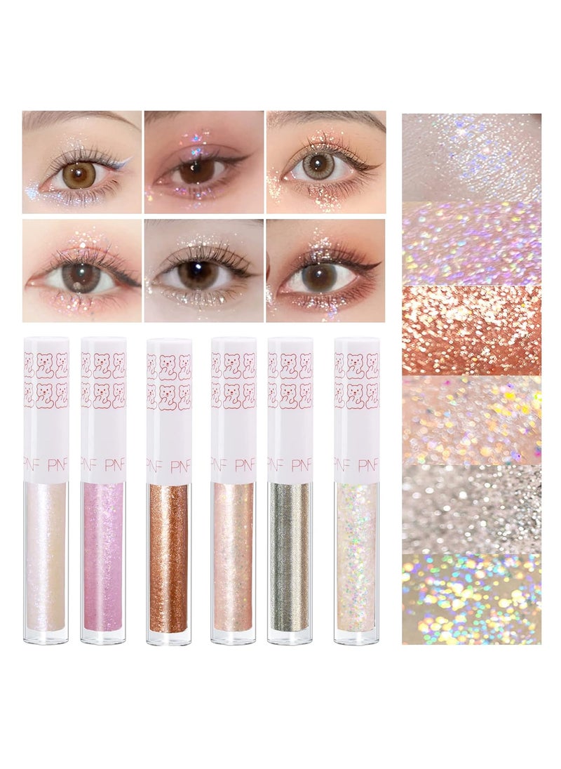 6Pcs Liquid Glitter Eyeshadow Eyeliner, Korean Makeup, Bling Under Eye Shadow, Shimmer Eye Make Up Valentine's Gift Set,Long Lasting,Quick Drying & Pigmented Loose Glitter Glue for Crystals Makeup