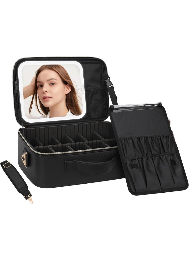 Chomeiu Makeup Bag with LED Mirror, Travel Cosmetic Train Case for Women, Makeup Artists Large Organizer Box with Vanity Light Up Mirror, 3 Color Lights, Adjustable Dividers & Shoulder Strap (Black)