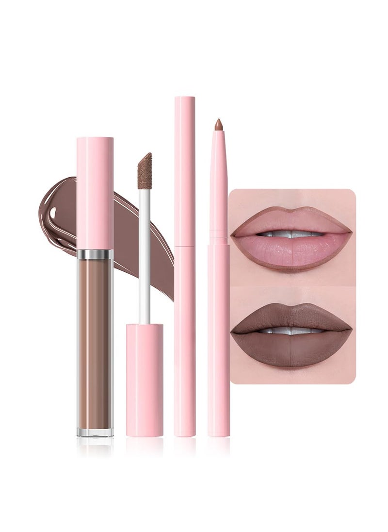 AMY'S DIARY 2pcs Taupe Lip Liner & Lipstick Makeup Set, Liquid Lipstick 24H and Lip Liner Set Matt Liquid Lips Make Up Waterproof Long Lasting (04#, 2 Pcs Set)