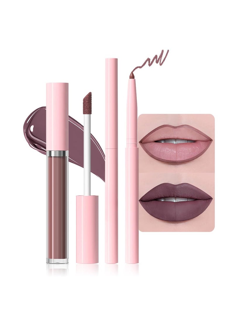 AMY'S DIARY 2pcs Matte Dark Red Lip Liner & Lipstick Makeup Set, Liquid Lipstick 24H and Lip Liner Set Matt Liquid Lips Make Up Waterproof Long Lasting (10#, 2 Pcs Set)