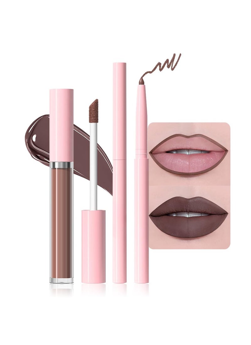 AMY'S DIARY 2pcs Matte Dark Red Lip Liner & Lipstick Makeup Set, Liquid Lipstick 24H and Lip Liner Set Matt Liquid Lips Make Up Waterproof Long Lasting (05#, 2 Pcs Set)