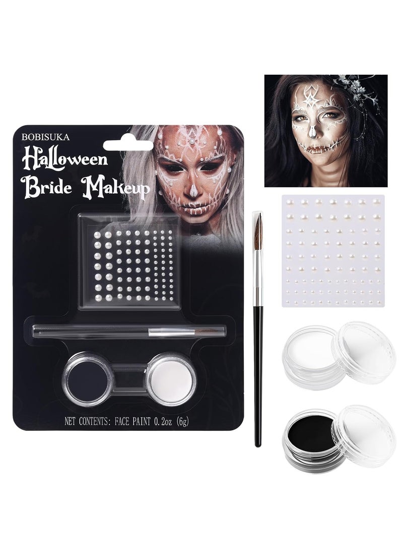 BOBISUKA Black White Face Paint Bride Makeup Kit, Halloween Makeup Kit Includes Black & White Face Paint, Brush, Costume Accessories Crystal Sheet for Halloween Party Costume Skeleton SFX Makeup