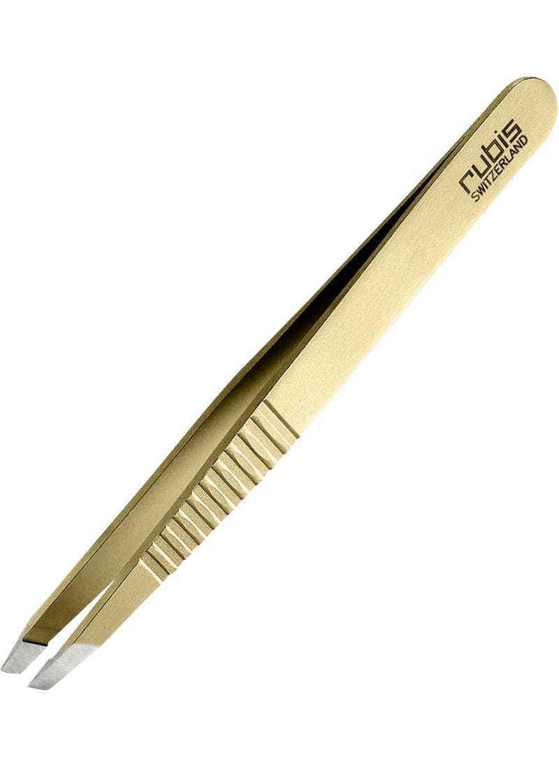 Rubis Classic Stainless Steel Slanted Tweezers with Pro Grip for Precise Eyebrows and Hair Removal, 1K103PGGOLD, Gold, The Gold Collection,Rubis Switzerland Swiss Made World Renowned Precision