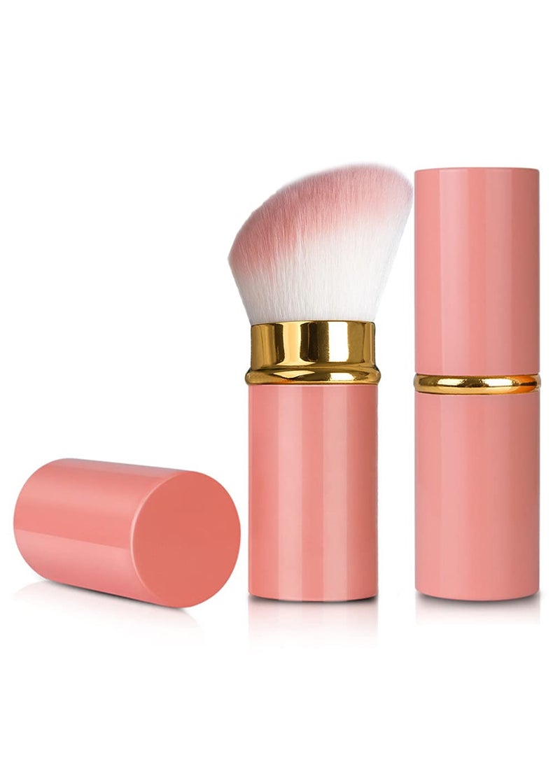 Retractable Kabuki Brushes Foundation Brush Powder Brush Blush Brush Extensible Makeup Brush Face Blender Brush Professional Mineral Blending Buffing Concealer Brush Aluminum Case Portable With Cover (Angled Top, Pink)