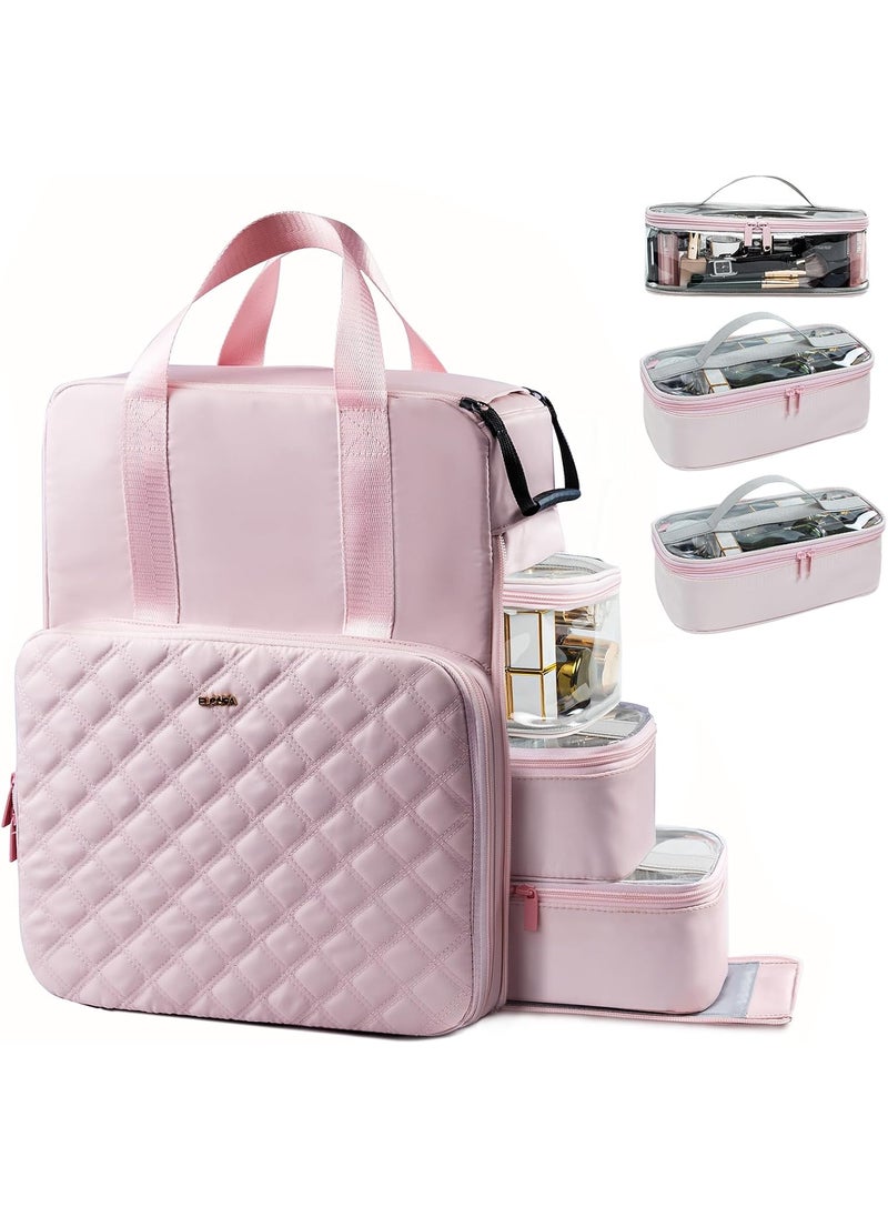 Makeup Backpack, Cosmetic Bag with 3 Removable Cases, Double Makeup Bag with Shoulder Straps and handle, Large Capacity Travel Makeup Case Organizer, Pink