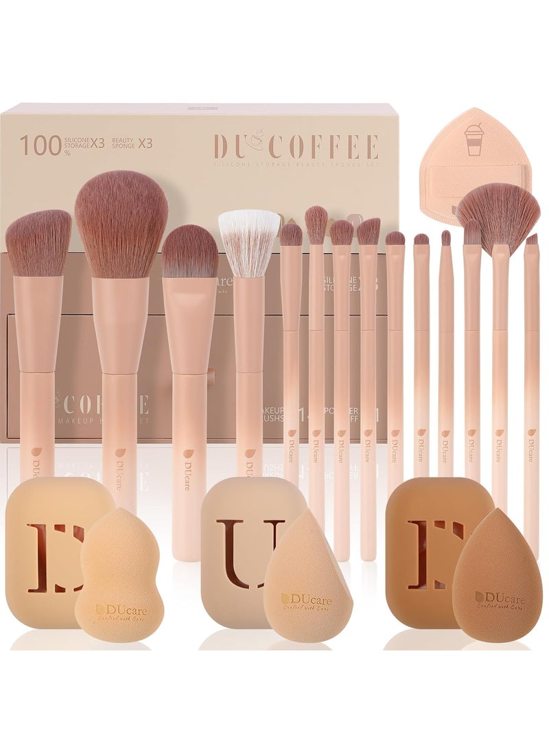 DUcare Makeup Brushes 14Pcs Coffee Series Makeup Brush set with Makeup Sponges Valentines Day Christmas Gifts Foundation Blending Face Powder Blush Eye Shadows Brushes