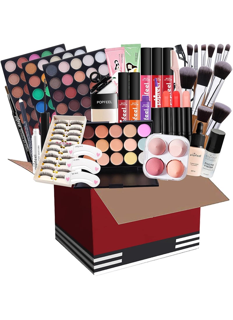 Pure Vie All-in-One Holiday Gift Surprise Makeup Set Essential Starter Bundle Include Eyeshadow Palette Lipstick Concealer Blush Mascara Eyeliner Face Powder Lipgloss Brush - Full Makeup Kit for Women