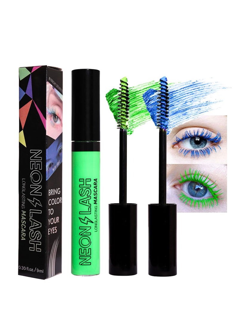 2 Colored Mascara for Eyelashes Set,Blue Green Halloween Fluorescent Colorful Waterproof Long lasting Charming Voluminous Mascara for Women Cruelty Free Vegan Eye Makeup (02# Green &05# Blue)