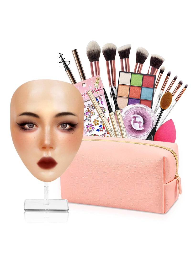 Silicone Makeup Practice Board - Full Face Mannequin with Makeup Kit, Face Gems, Brushes - Perfect for Beginners & Professionals