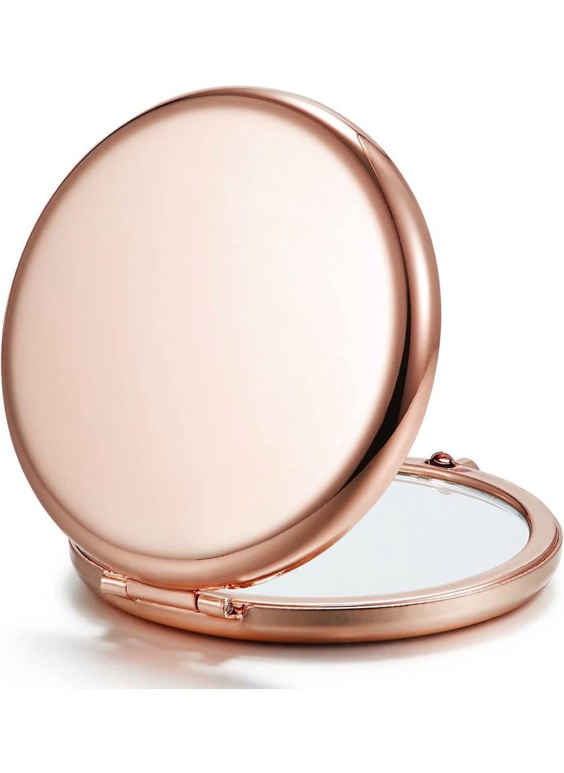 Compact Mirror for Purse, Double-Sided 1X/2X Magnifying Metal Pocket Makeup Mirrors(Round, Rose Gold)
