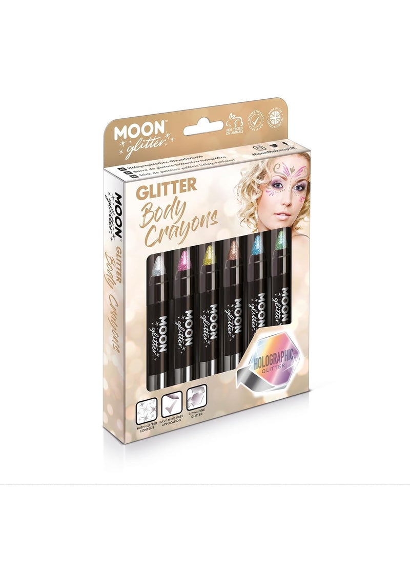 Holographic Glitter Paint Stick/Body Crayon makeup for the Face & Body by Moon Glitter - 0.12oz - Gift Set containing 6 Body Crayons - Silver, Pink, Gold, Rose Gold, Blue & Green