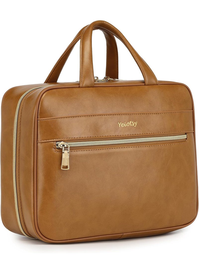 Yeiotsy Large Hanging Travel Toiletry Bag Vegan Leather Mens Womens Business Trip Cosmetics Makeup Organizer Bag (Brown, Large)