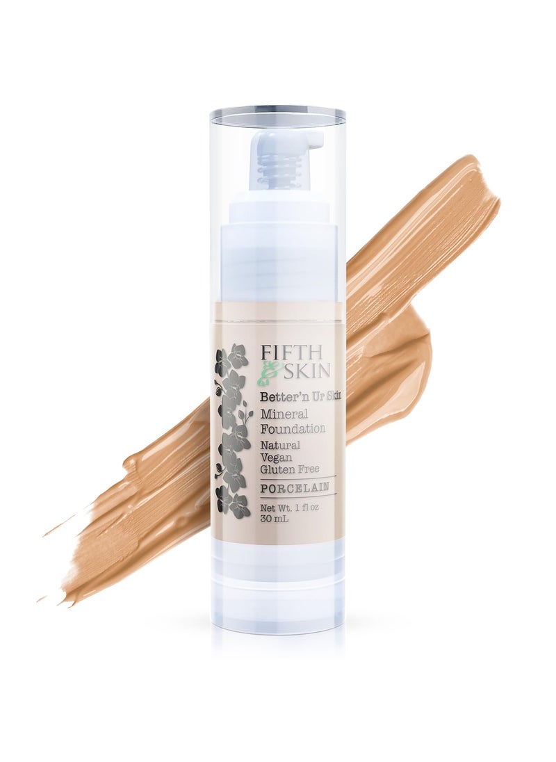 Fifth & Skin: Better’n Ur Skin Liquid Foundation (PORCELAIN) - Natural, Organic, Vegan, Cruelty-Free - Gluten-Free Beauty with Buildable Coverage and Palm-Free Luxury - 1 oz