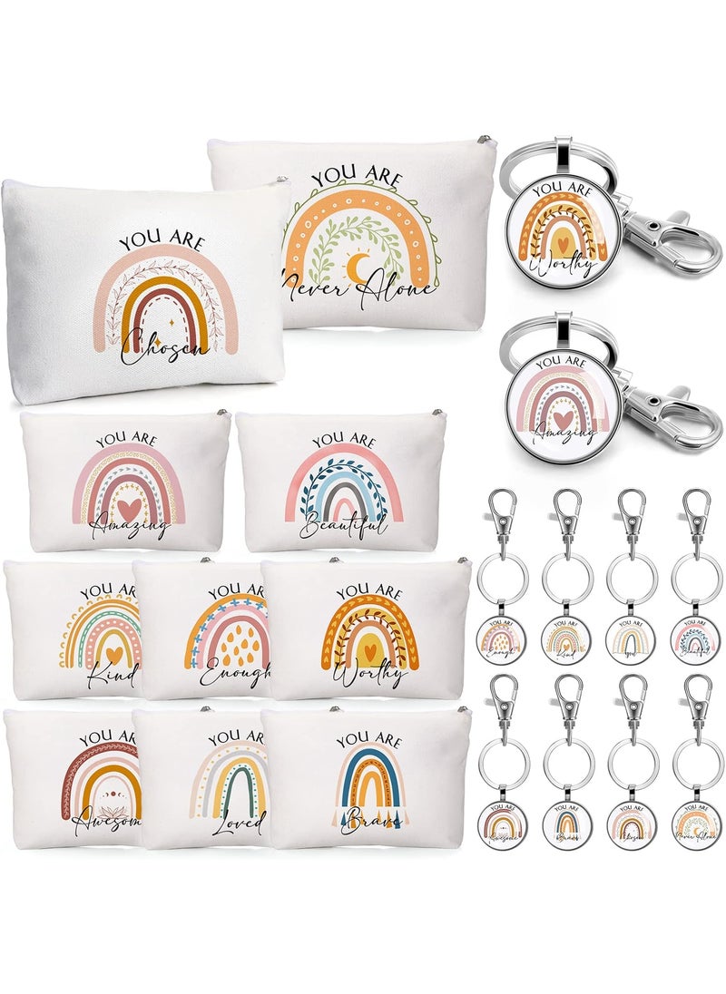 Sieral 60 Pcs Rainbow Cosmetic Bags Rainbow Keychains Set Inspirational Canvas Cosmetic Bags Bulk You Are Amazing Makeup Bag Motivational Keychains for Women Teacher Students Coworker Thank You Gift