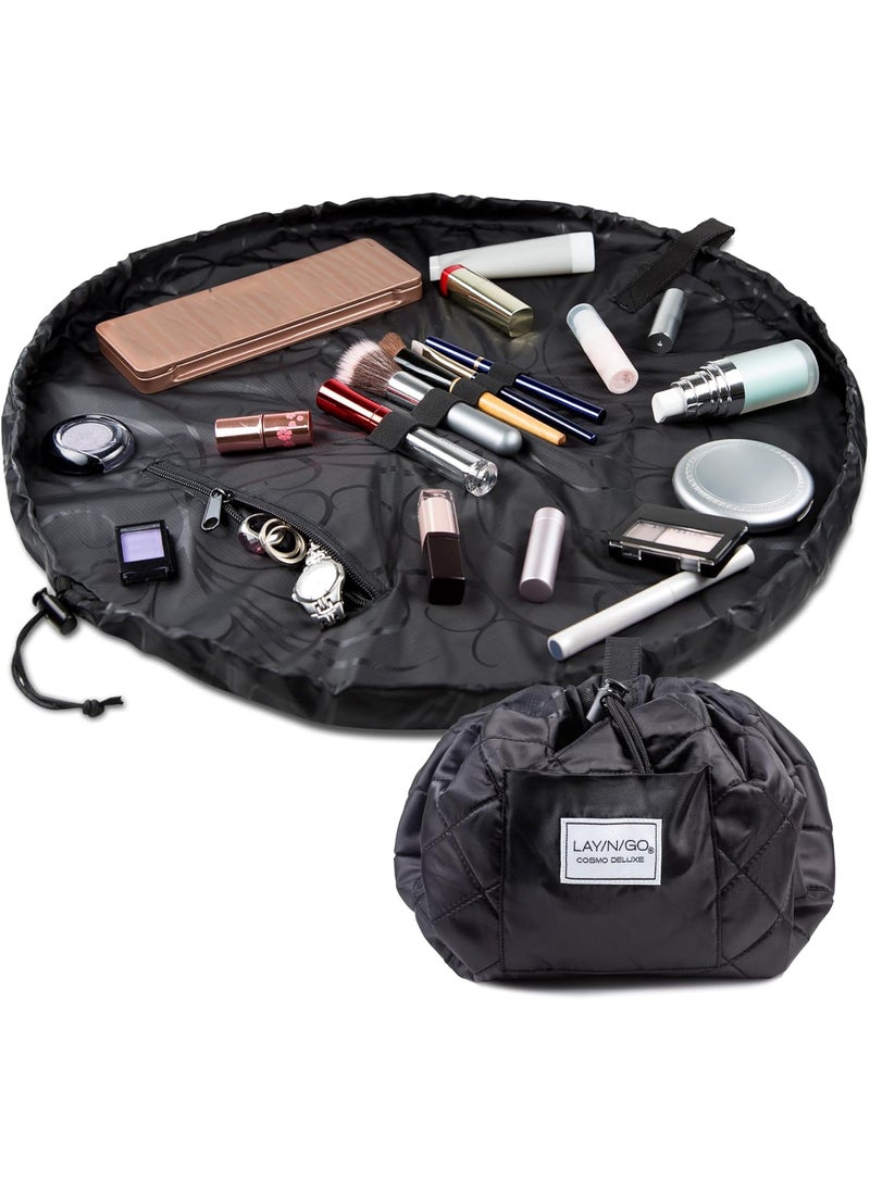 Lay-n-Go Cosmo Drawstring Cosmetic & Makeup Bag Organizer - Portable Drawstring Makeup Bag w/Zipper Pocket, Makeup Loops & More - Durable, Machine Washable Makeup Bag for Travel (22”, Black)