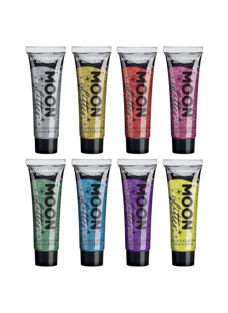 Holographic Face & Body Glitter Gel by Moon Glitter - 0.40fl oz - Set of 8 colours - Glitter Face Paint