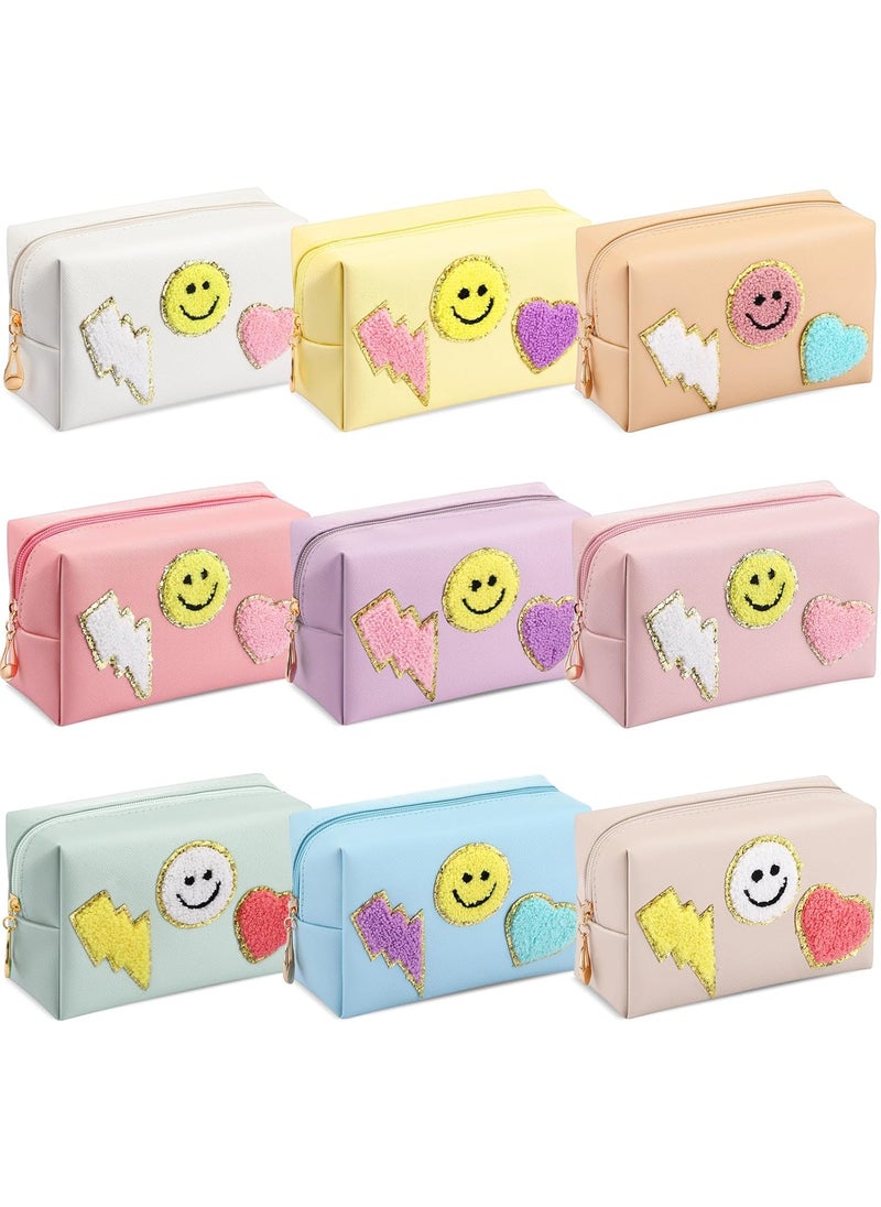 Chunful 9 Pieces Preppy Patch Makeup Bag Chenille Letters Cosmetic Bag Pu Leather Portable Waterproof Toiletry Bag Travel Makeup Bag for Women Christmas Gifts(Fresh Colors,Smile, Lightning, Heart)