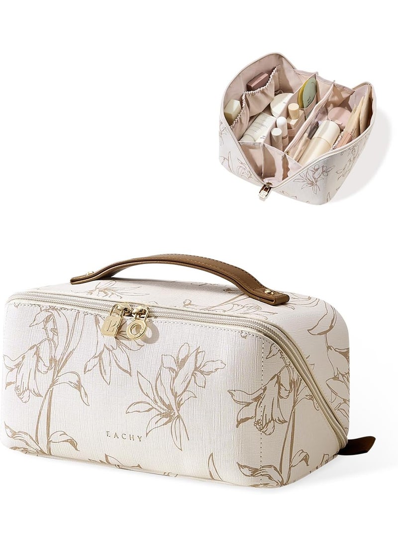 EACHY Travel Makeup Bag,Large Capacity Cosmetic Bags for Women,Waterproof Portable Pouch Open Flat Toiletry Bag Pattern Makeup Bag (F-Beige-Large)