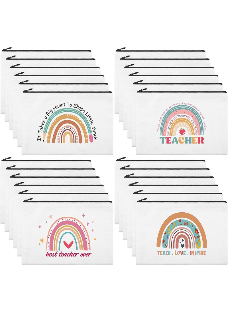 Kajaia 24 Pieces Teacher Appreciation Gifts Bulk Teacher Cosmetic Bags Rainbow Canvas Makeup Bag Toiletry Pouch with Zipper Thank You Gift for Women Christmas Graduation(Cute)
