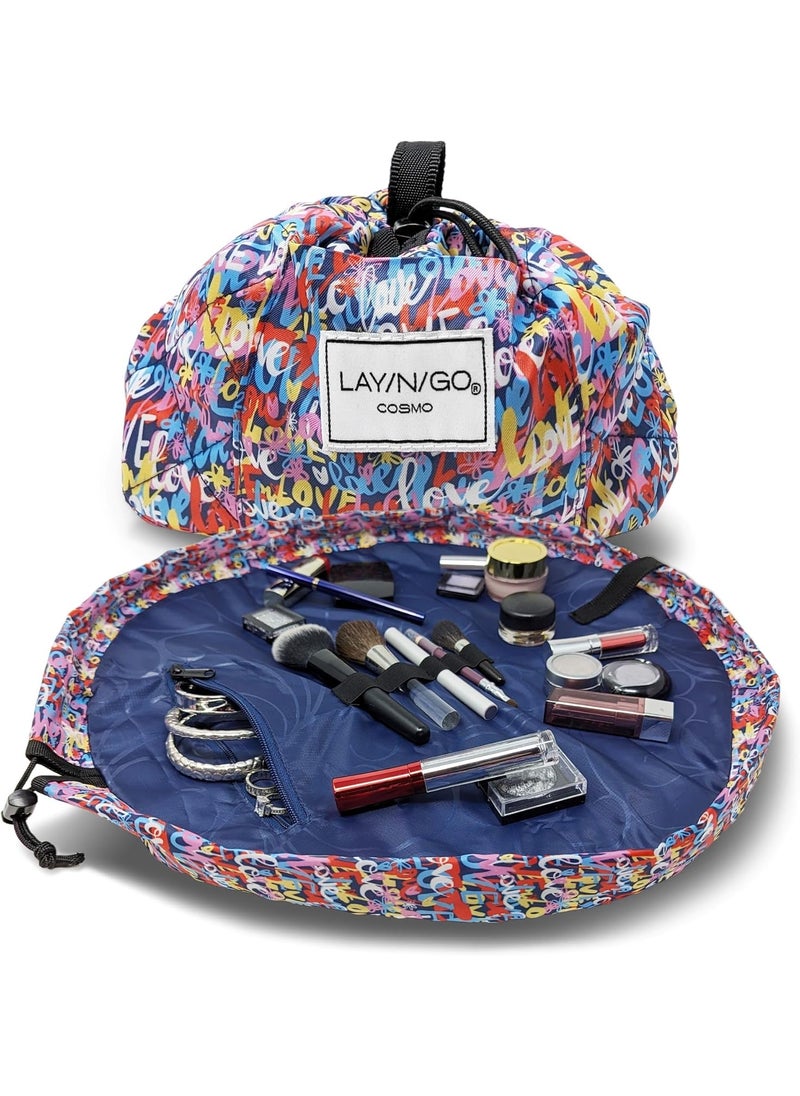 Lay-n-Go Cosmo Drawstring Cosmetic Organizer - Portable Makeup Bag w/Zipper Pocket, Loops & More - Durable, Machine Washable for Travel (20', Love)