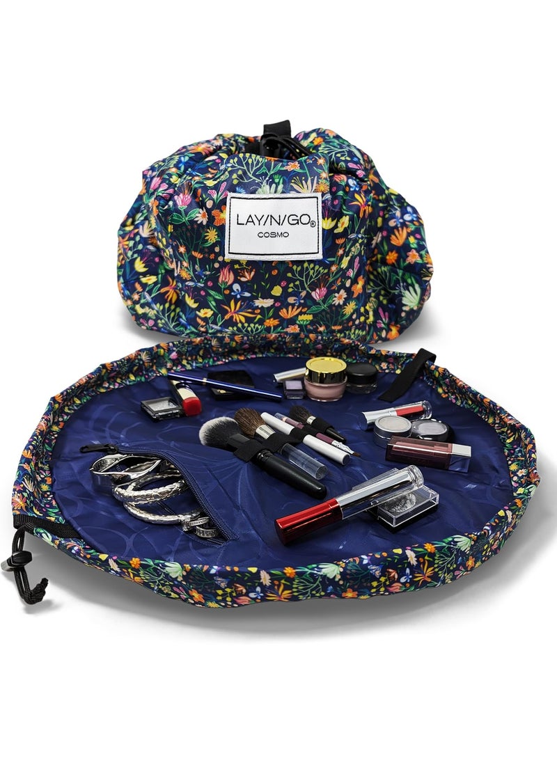 Lay-n-Go Cosmo Drawstring Cosmetic & Makeup Bag Organizer - Portable Makeup Bag w/Zipper Pocket, Loops & More - Durable, Machine Washable for Travel (20', Butterfly Small Floral)
