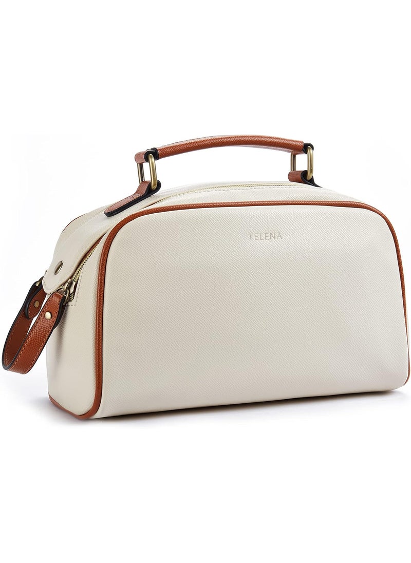 Telena Travel Toiletry Bag Makeup Cosmetic Bags for Women Waterproof PU Leather Toiletry Organizer Portable Large Capacity Beige with Brown