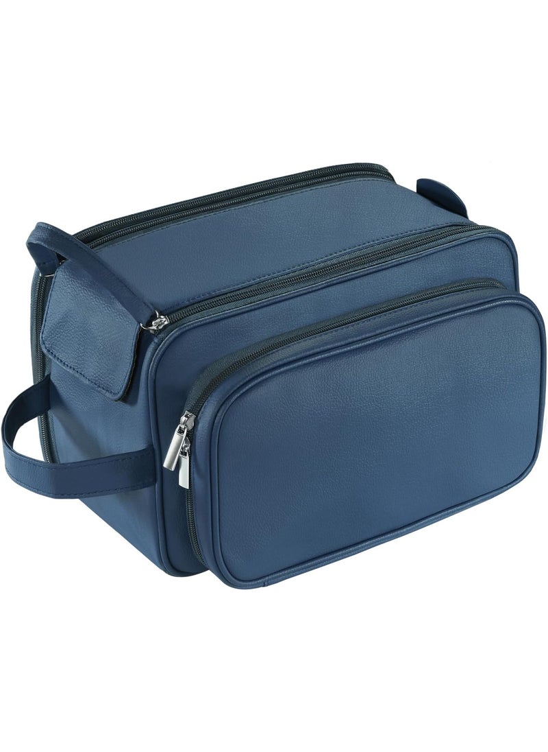 Buruis Extra Large Toiletry Bag for Men, Travel Toiletry Organizer Dopp Kit Water-resistant Shaving Bags, PU Leather Cosmetic Bathroom Shower Bag for Toiletries, Grooming, Accessories (Blue)
