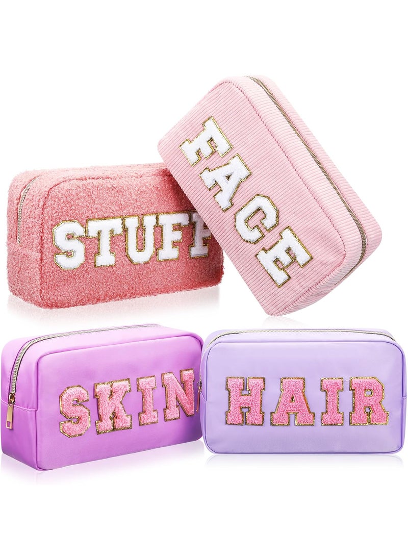 Kajaia 4 Pcs Preppy Makeup Bags Chenille Letter Stuff Bag Cute Cosmetic Pouch Cases for Women Trave Toiletry spend the night(Pink, Purple,Cute)
