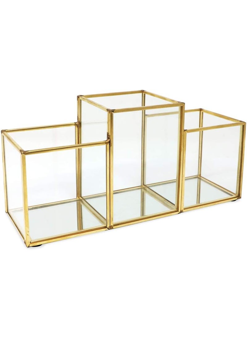 Isaac Jacobs 3-Compartment Makeup Brush Holder, Vintage Style Brass and Glass Organizer, (9.3” L x 3.1
