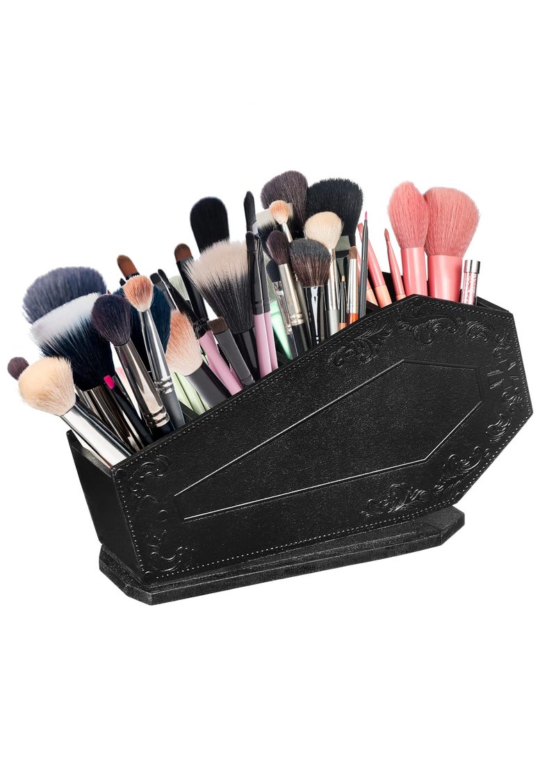 Maitys Coffin Makeup Brush Holder Gothic Wooden Organizer Spooky Coffin Case Gifts for Women Cosmetic Display Cases Spooky Home Office Pencil Brushes Organizer Bathroom Christmas Decor Accessories