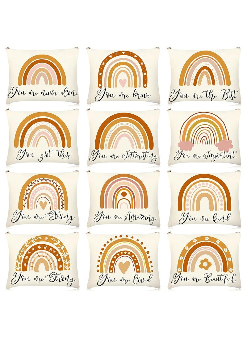 Kajaia 12 Pcs Boho Rainbow Cosmetic Bags Bulk Inspiration Canvas Makeup Bag Boho Party Favors Sunshine Makeup Pouch Quotes Printed Cosmetic Pouch Zipper Travel Preppy Purse for Woman Adult(Rainbow)